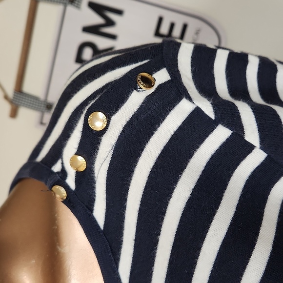 Chaps Navy & White Stripe T-shirt w/Button Accent. Size Large - Picture 2 of 4